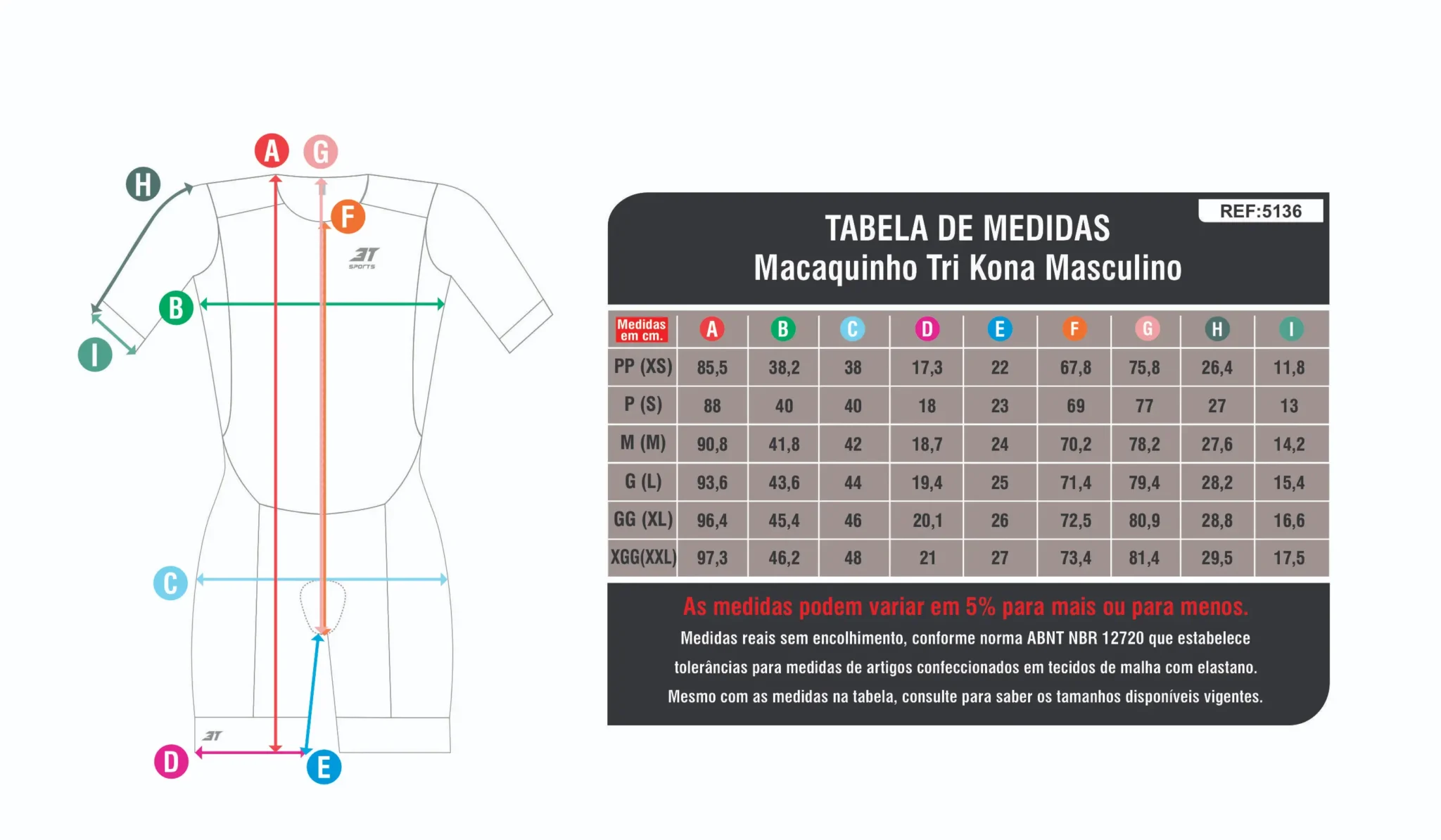 5136.S1 MACAQUINHO TRI KONA MASCULINO MEDIDAS